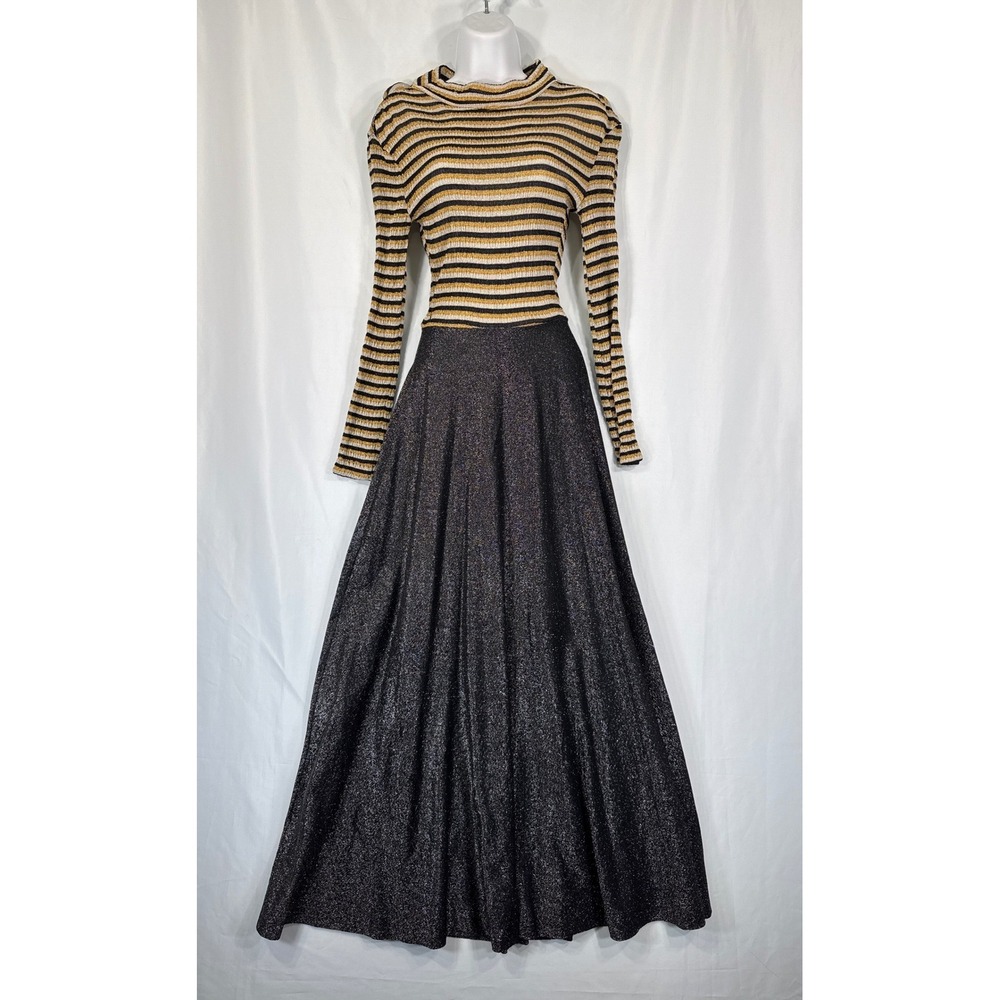 VTG Metallic Striped Mock Neck Maxi Dress Black Gold Long Sleeve Sparkle Disco
